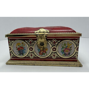 Vintage Linette Tin Treasure Chest Coin Bank Slot on Lid Red Gold Floral